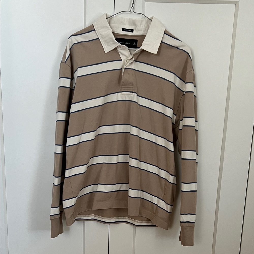 Abercrombie Men's Rugby Polo in Tan and White Stripes